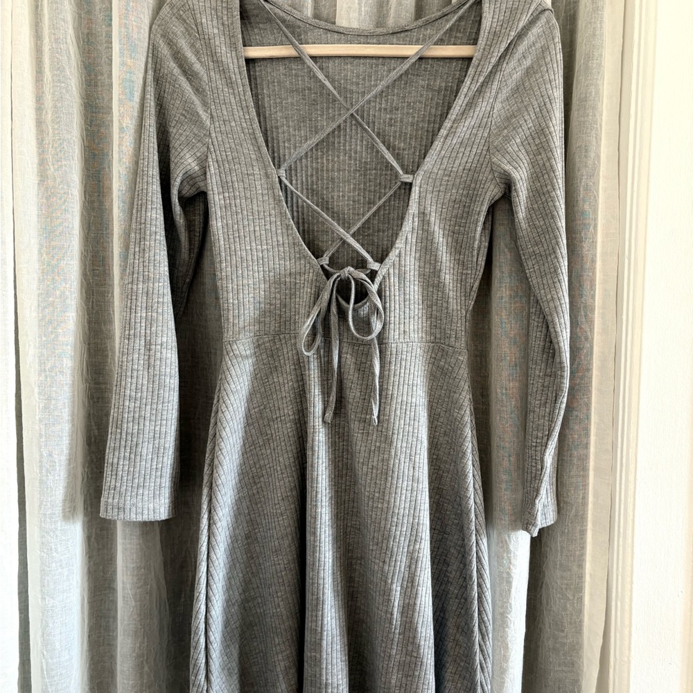 Topshop Open Back Gray Ribbed Knit Skater Dress Size 8